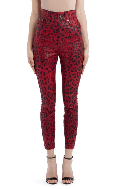 Shop Dolce & Gabbana Coated Leopard Print Skinny Jeans In Nero/ Rosso