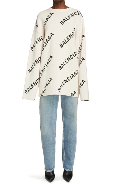 Balenciaga Logo Jacquard Oversize Cotton Blend Sweater In Multi | ModeSens