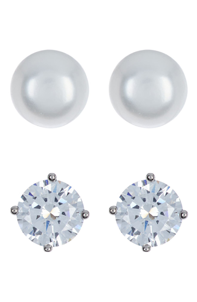 Nordstrom Rack Set Of 2 Sterling Silver Cubic Zirconia & Faux Pearl Stud Earrings In Clear- White- Silver
