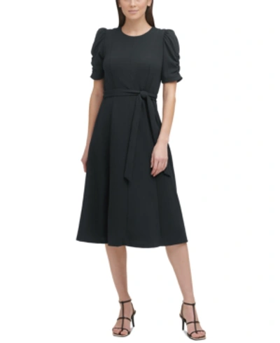 Dkny Women's Ruched-sleeve Belted Fit And Flare Midi Dress In Black