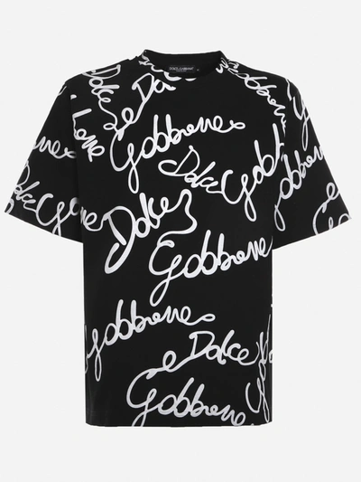 Shop Dolce & Gabbana Cotton T-shirt With All-over Rubber Effect Logo In Black