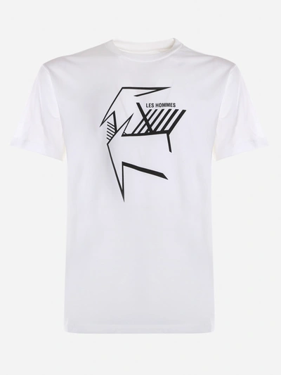Shop Les Hommes Cotton T-shirt With Contrasting Print In White