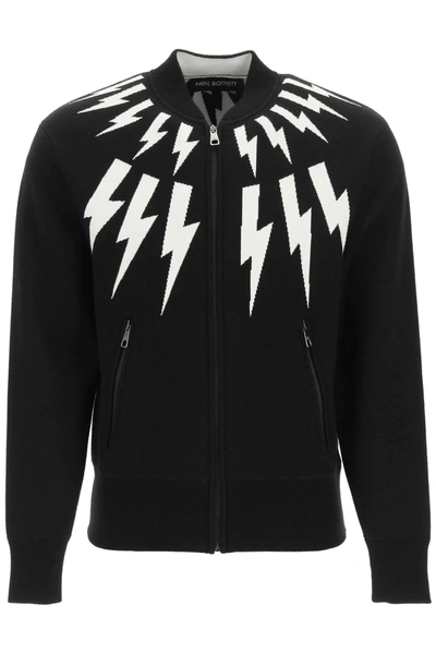 Shop Neil Barrett Fair-isle Thunderbolt Zipped Cardigan In Black,white