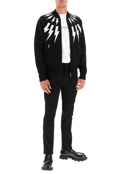 Shop Neil Barrett Fair-isle Thunderbolt Zipped Cardigan In Black,white