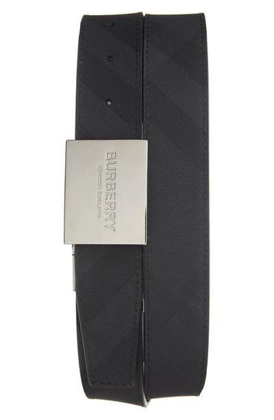 Shop Burberry London Check Logo Plaque Belt In Dark Charcoal/black
