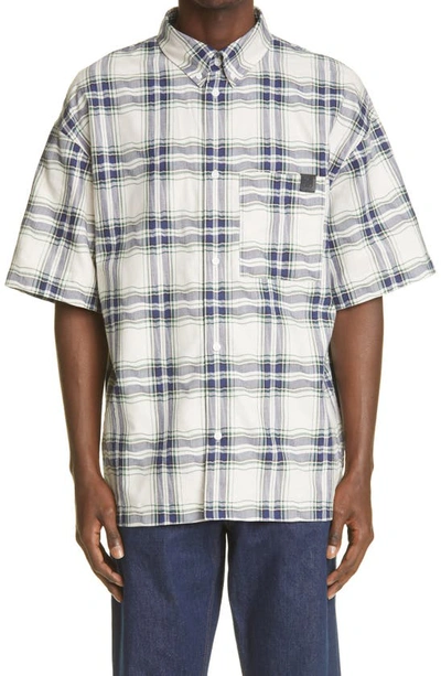 Shop Loewe Plaid Patchwork Button-down Cotton Shirt In Navy/ White