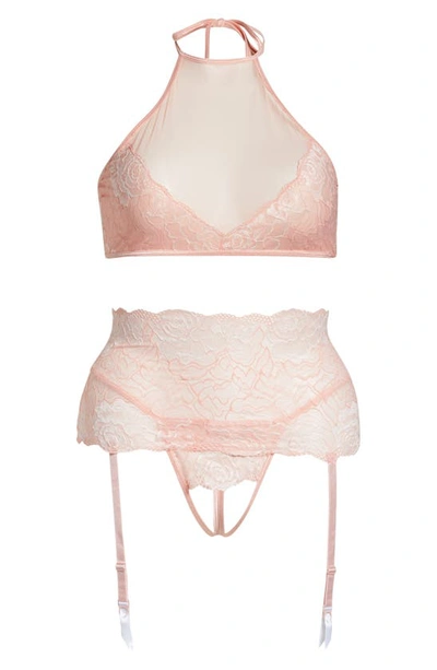 Shop Coquette Crop Halter Top, Garter Belt & G-string Thong In Pink