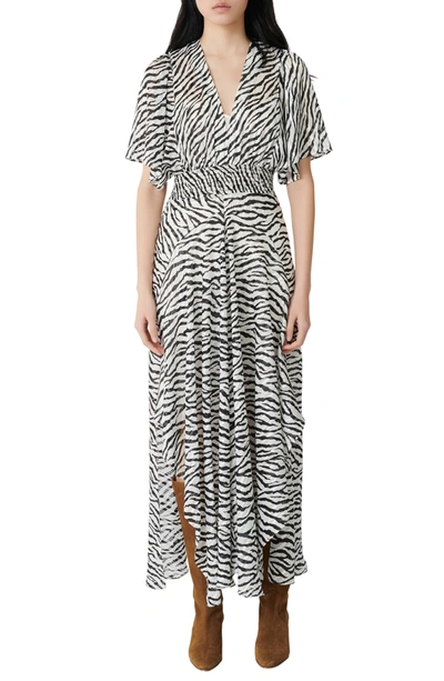 Maje Rachelle Shirred Zebra-print Jacquard Maxi Dress In Black/white |  ModeSens