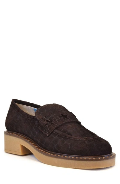 Shop Valentina Rangoni Rina Croc Embossed Suede Penny Loafer In T.moro Criss