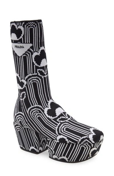 Shop Prada Floral Logo Sock Platform Boot In Nero