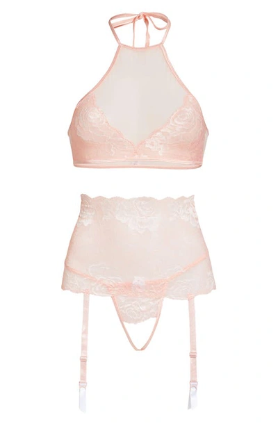 Shop Coquette Crop Halter Top, Garter Belt & G-string Thong In Pink