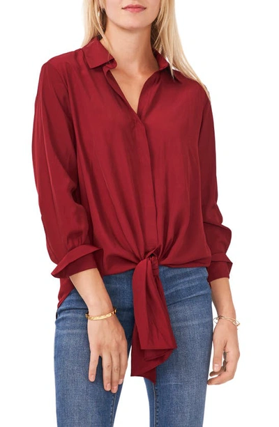 Shop Vince Camuto Tie Front Button-up Matte Satin Blouse In Earth Red