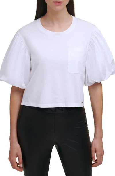 Shop Dkny Sportswear Puff Sleeve Mixed Media Crop Top In White