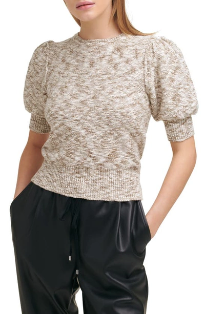 Shop Dkny Sportswear Marled Puff Sleeve Cotton Blend Sweater In Ivy/ Caper
