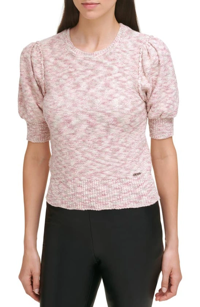 Shop Dkny Sportswear Marled Puff Sleeve Cotton Blend Sweater In Ivy/ Terrin