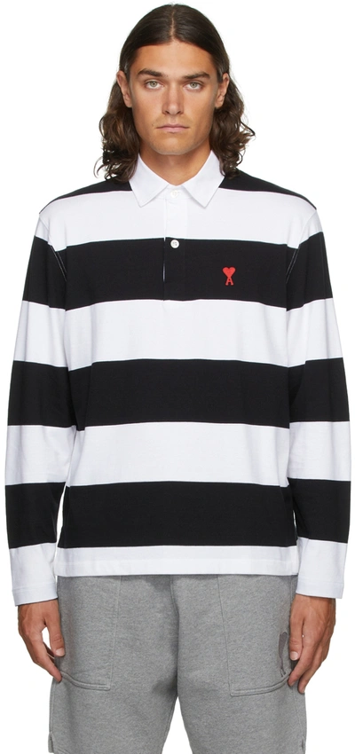 Black & White Jersey Striped Ami De Cœur Long Sleeve Polo