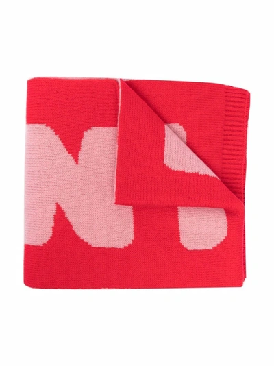 Shop Marni Intarsia Logo-knit Wool Scarf In Red