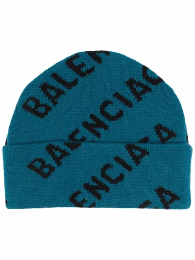 Shop Balenciaga All-over Logo Beanie In Blau