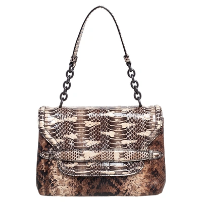 Pre-owned Bottega Veneta Brown Python Intrecciato Detail Flap Shoulder Bag