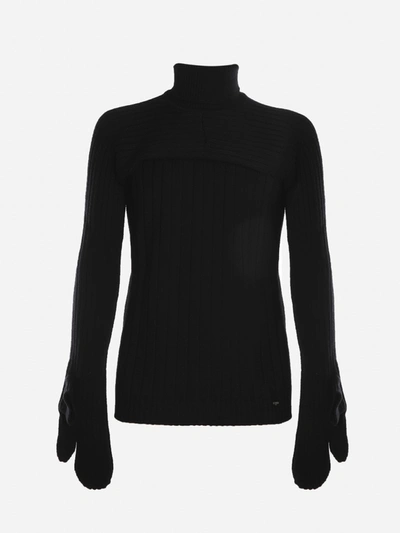 Shop Fendi Wool Sweater With Asymmetrical Sleeves And Ribbed Knit In Black