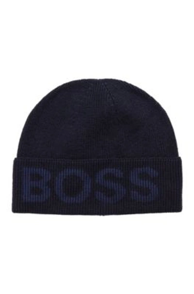 Shop Hugo Boss - Cotton Blend Beanie Hat With Logo Structure - Dark Blue