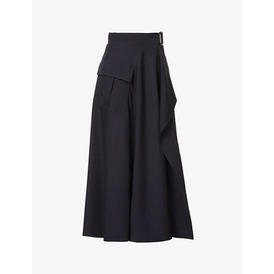 Shop Alexander Mcqueen Womens Navy Wrap-front Wool And Cotton-blend Midi Skirt 8