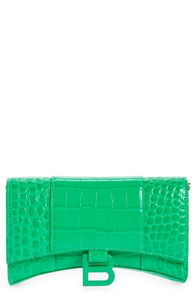 Shop Balenciaga Hourglass Croc Embossed Leather Wallet On A Chain In Vivid Green