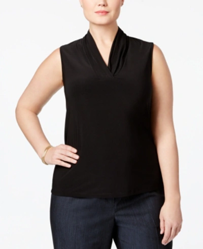 Shop Anne Klein Plus Size Pleated-neck Top In Black