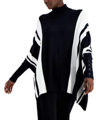 Shop Alfani Petite Striped Poncho Sweater, Created For Macy's In Black Cloud
