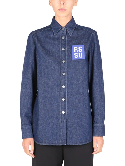 Shop Raf Simons Shirt Jacket With Logo Patch In Blu