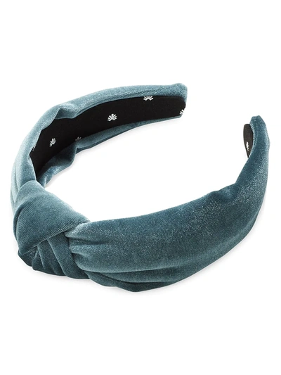 Shop Lele Sadoughi Knotted Velvet Headband In Teal Blue