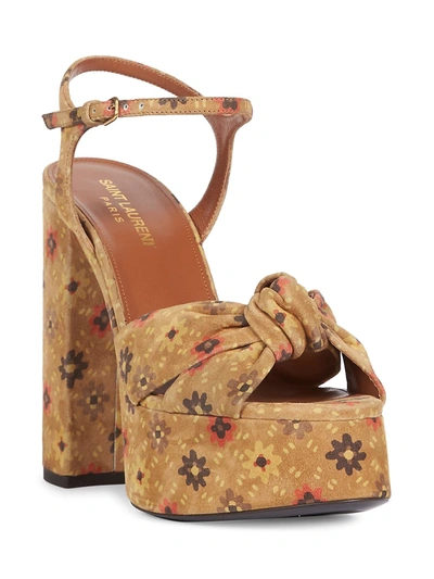 Shop Saint Laurent Bianca Knotted Floral Leather Platform Sandals In Tan Multi