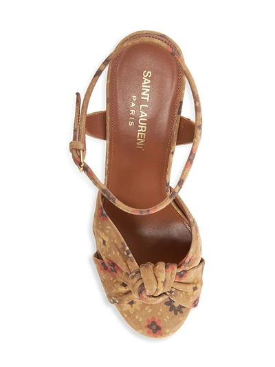 Shop Saint Laurent Bianca Knotted Floral Leather Platform Sandals In Tan Multi