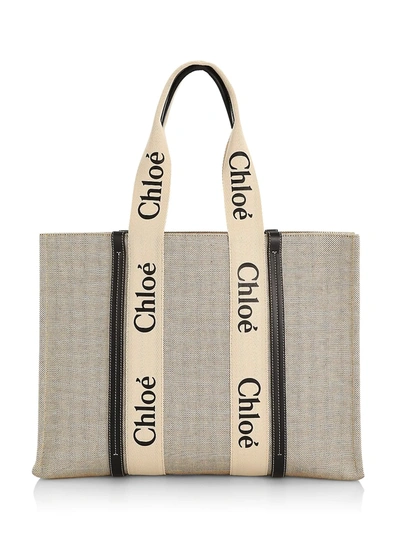 Shop Chloé Women's Large Woody Canvas Tote In White Black