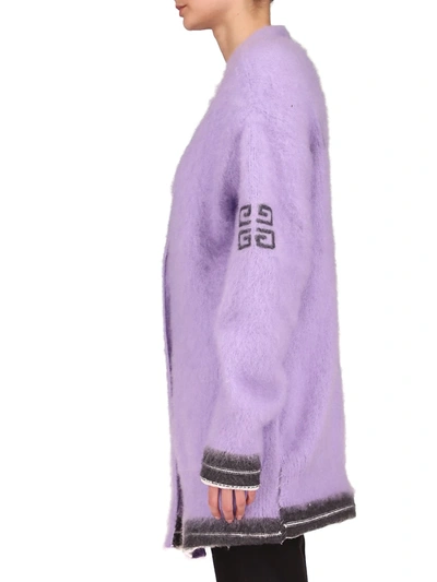 Shop Givenchy Long Logo Cardigan In Lilac Dark Grey