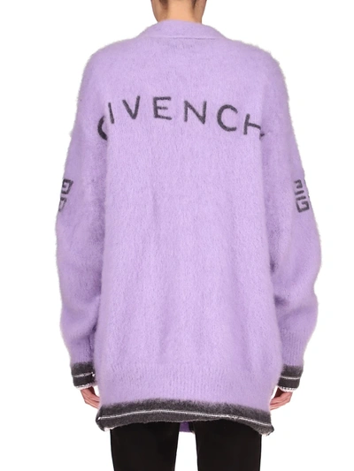 Shop Givenchy Long Logo Cardigan In Lilac Dark Grey