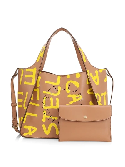 Shop Stella Mccartney Graffiti Logo Tote Crossbody Bag In Camel