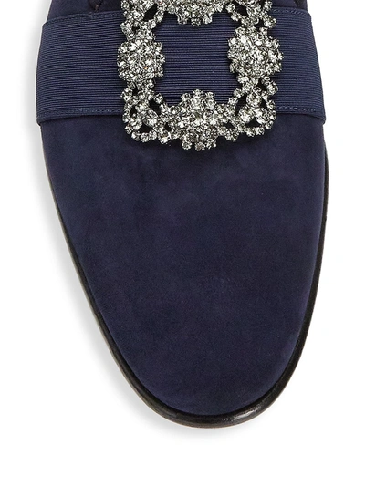 Shop Manolo Blahnik Men's Carlton Crystal Encrusted Buckle Suede Loafers In Navy