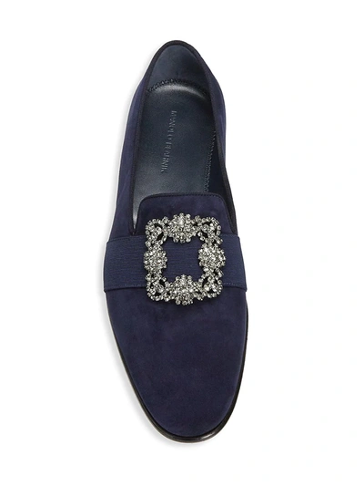 Shop Manolo Blahnik Men's Carlton Crystal Encrusted Buckle Suede Loafers In Navy