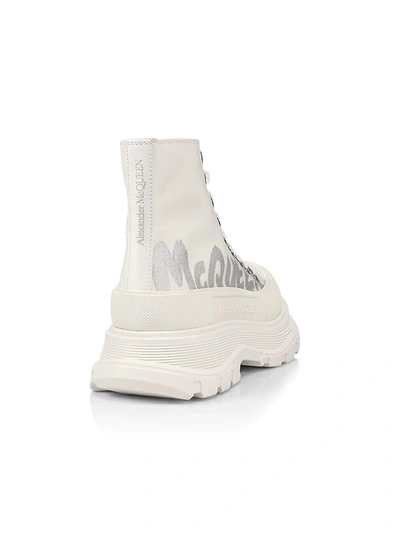 Shop Alexander Mcqueen Women's Logo Tread Slick Ankle Boots In White Silver