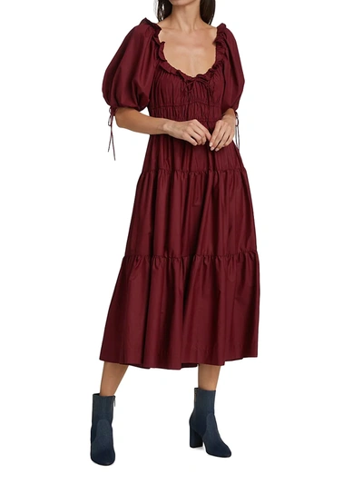 En Saison Puff Sleeve Tiered Cotton Midi-dress In Brown | ModeSens