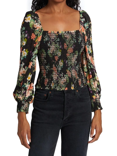 Shop Alice And Olivia Cooper Floral Smocked Top In Romance Black