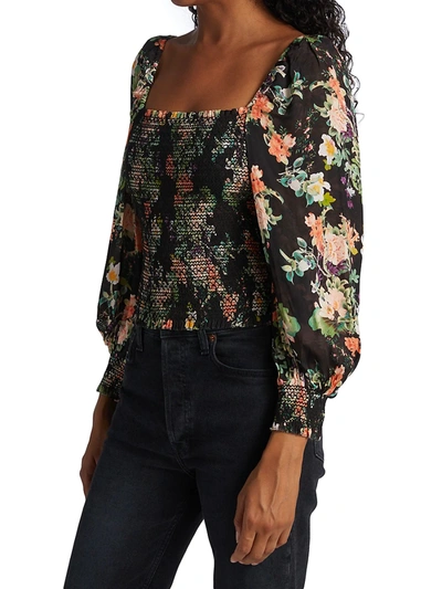 Shop Alice And Olivia Cooper Floral Smocked Top In Romance Black