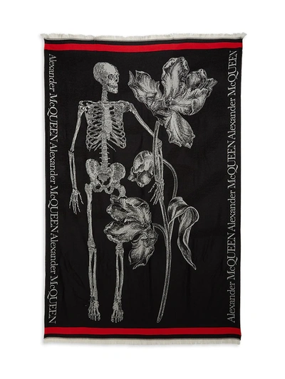 Shop Alexander Mcqueen Flower Skeleton Wool Blanket Scarf In Black