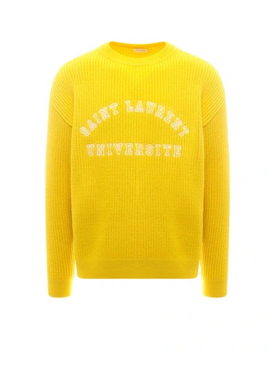 Shop Saint Laurent Logo Embroidered Knit Jumper In Yellow