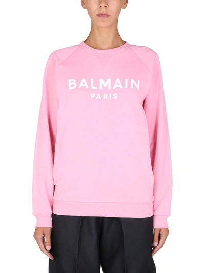 Shop Balmain Logo Print Ribbed Hem Sweatshirt In Pink