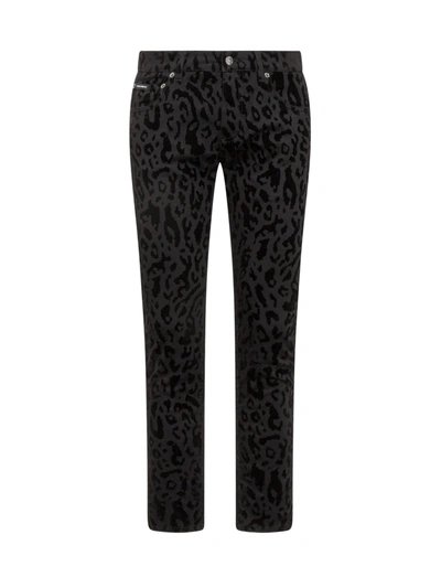 Shop Dolce & Gabbana Leopard Printed Slim Fit Denim Jeans In Black