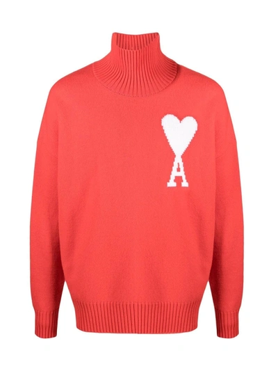 Shop Ami Alexandre Mattiussi Ami Ami De Coeur Turtleneck Knit Sweater In Red