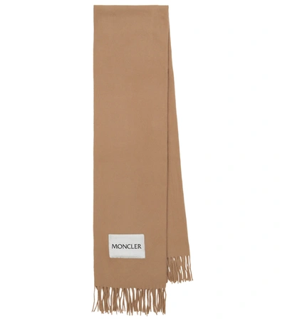 Moncler Camel Colored Wool Scarf With Logo In Brown ModeSens