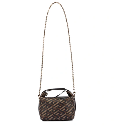 Shop Versace La Greca Signature Mini Leather Shoulder Bag In Brown